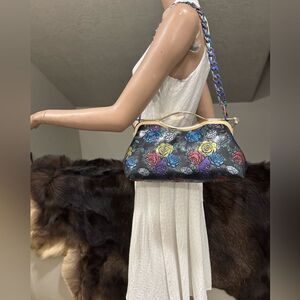 Colorful Rose Embossed Cowhide Top Handle & Double Kisslock Handbag/Crossbody